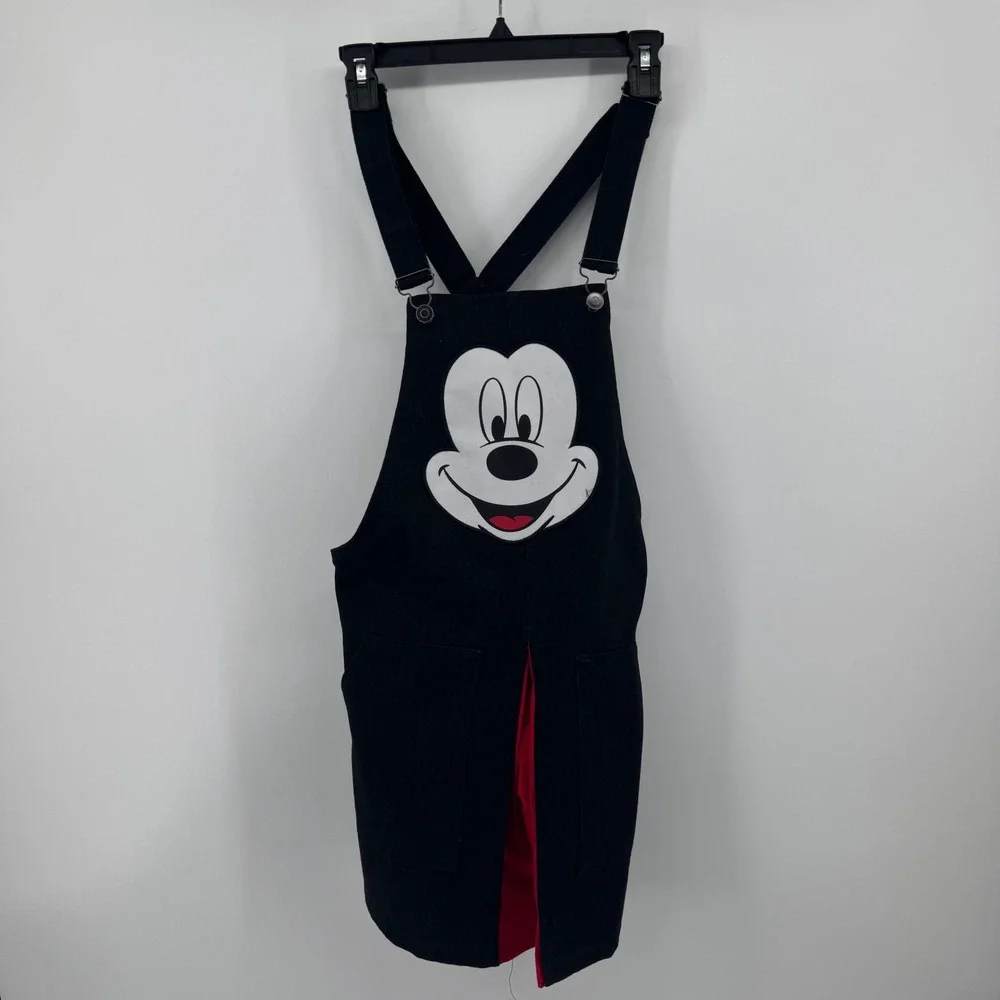 Disney Mickey Mouse Black Denim‎ Pinafore Dress Red Contrast Kids Small